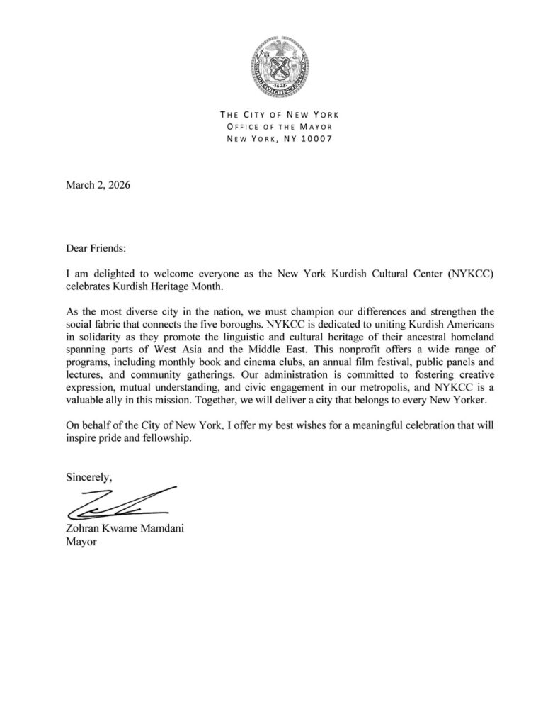Letter welcoming Kurdish heritage month